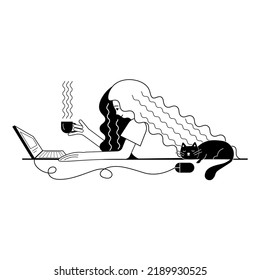 a young woman works from home on her laptop. freelancer works and drinks coffee. remote work black and white outline vector illustration. 