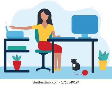 A Young Woman Works At Home. Remote Work. Computer Monitor, Keyboard, Printer, Paper. A Cat Is Sitting Under The Table. Trend Flat Style. The Concept Of Self-Isolation, Quarantine. Vector Illustration