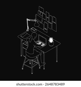 Uma jovem trabalha intensamente em sua mesa, concentrada na tela do computador em uma sala pouco iluminada. A foto em preto e branco destaca a concentração, com monitor e teclado.