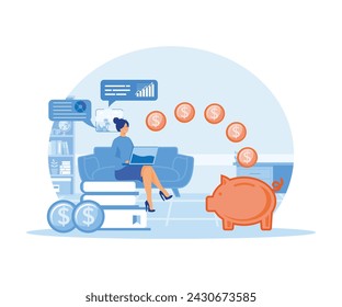 A young woman works at a laptop to study and fulfill financial savings. Money is flying in a piggy bank. flat vector modern illustration 