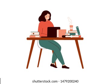 Young woman works at the laptop surrounded with books. Student or school girl preparing for exams at university or school. Flat cartoon colored vector illustration isolated on white background