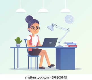 Young woman works in office. Vector illustration