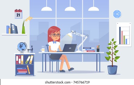 Young woman works in office. Vector clip art