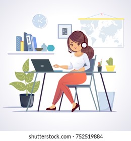 Young woman works in officeor at home. Call center. Vector clip art