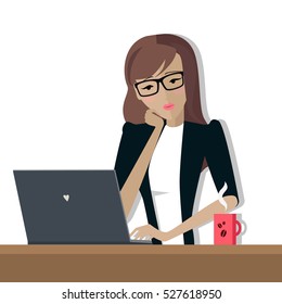 Young woman works on his laptop in office, sitting at desk, looking at computer monitor screen. Young woman in glasses personage. Vector illustration in flat design isolated on white background