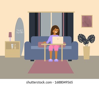 Young woman works, on laptop at home. Quarantine to prevent coronovirus infection. Vector illustration EPS 10. 