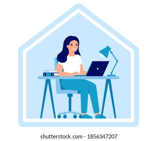 Young woman works on laptop at home. Online education, distance learning or working at home concept. Workspace, home office, remote work. Vector flat illustration