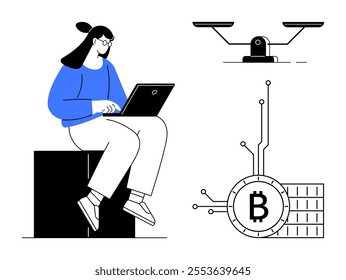 A young woman works on a laptop, symbolizing technology and productivity. Beside her are scales representing justice and a Bitcoin symbol illustrating cryptocurrency. Ideal for fintech, legal tech