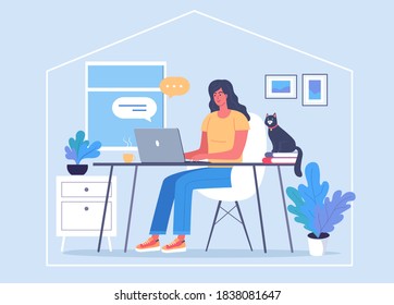 Young woman works remote at home office vector illustration