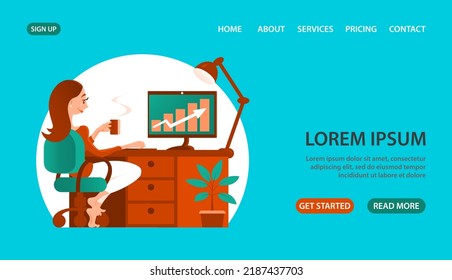A young woman works remote at home online. Sitting at a table with a computer. Remote worker digital. Design template for banner, website. Cartoon vector illustration