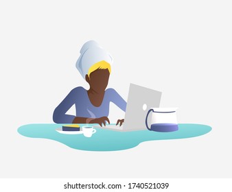 A young woman works remotely from home A woman sits at a table and works on a laptop The girl is resting in a comfortable bedroom after a shower Colorful vector illustration 