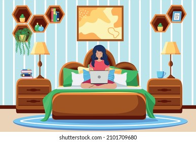 A young woman works remotely from home.The woman is lying on the bed and working on a laptop. Flat cartoon character.
