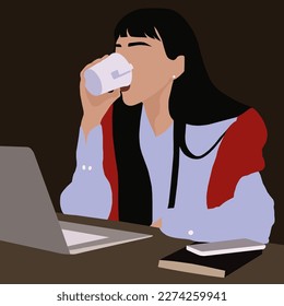 A young woman works remotely through a laptop. In her hand is a cup of coffee. A book and a phone are on the table.