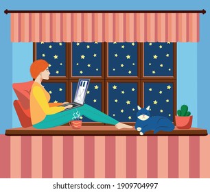 A young woman works or studies from home, sitting on the windowsill, in a cozy atmosphere, with tea and a cat. Covid-19 quarantine concept, work and study from home. Cartoon