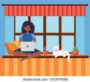 A young woman works or studies from home, sitting on the windowsill, in a cozy atmosphere, with tea and a cat. Covid-19 quarantine concept, work and study from home. Cartoon