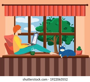 A young woman works or studies from home, sitting on the windowsill, in a cozy atmosphere, with tea and a cat. Covid-19 quarantine concept, work and study from home. Cartoon