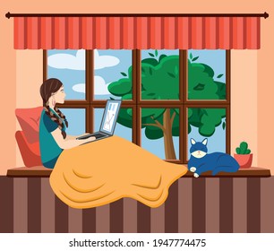 A young woman works or studies from home, sitting on the windowsill, in a cozy atmosphere, with tea and a cat. Covid-19 quarantine concept, work and study from home. Cartoon