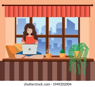 A young woman works or studies from home, sitting on the windowsill, in a cozy atmosphere, with tea and a cat. Covid-19 quarantine concept, work and study from home. Cartoon