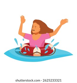 Young woman with worried face floating in water on lifebuoy and raising hands asking for help