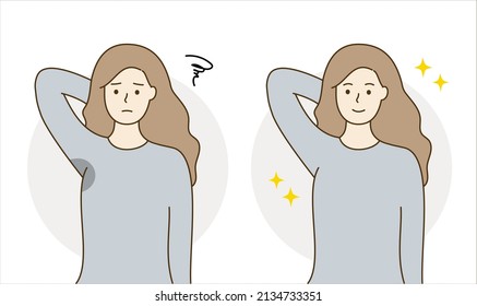 Young woman worrying about bad smell and sweaty underarm, feeling happy with clean dry armpit. Before and after. Health, body odor, beauty, skin care concepts. Hand drawn vector design illustrations. svg
