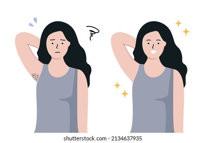 Young woman worrying about dark armpit hair problem, showing  smooth whitening clean armpit. Before and after. Health, laser hair removal, skin care concepts. Flat cartoon vector design illustrations. svg