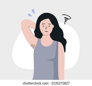 Young woman worrying about dark armpit hair problem. Health, beauty, laser hair removal, skin care concepts. Flat cartoon character vector design illustrations. svg