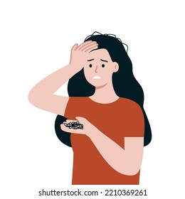 Mujer joven preocupada por el problema de la pérdida de pelo. Chica estresada sosteniendo el pelo caído. Salud, calvicie, enfermedad, alopecia, concepto de ansiedad. Ilustraciones de diseño vectorial de carácter de caricatura plana