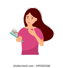 Young woman worrying about her hair loss problem in flat design on white background.