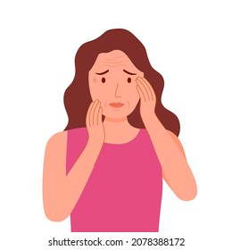 Young woman worrying about her wrinkle on face in flat design. Wrinkle aging problem on female skin.