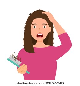 Young woman worrying about her hair loss problem in flat design on white background.