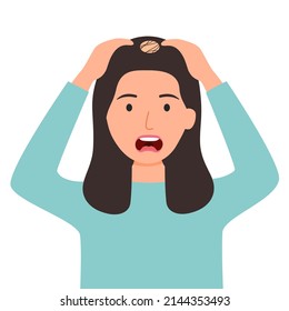 Young woman worrying about her hair loss problem in flat design on white background. Bald female upset when looking mirror.