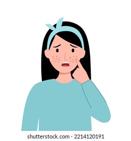 Young woman worrying about her acne on face in flat design. Pimple problem on female skin.