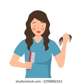 Young woman worrying about her hair fall problem in flat design on white background.