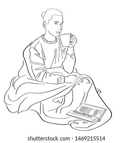 Young woman wrapped in blanket drinks coffee. Lagom and hugge concept. Cozy scandinavian lifestyle scene. Female silhouette in warm socks, sweater with cup of tea and book. Vector black lines drawing.