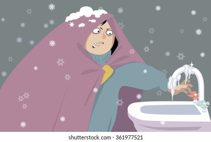 Young Woman, Wrapped In A Blanket Trying To Turn On Water From A Frozen Tap, EPS 8 Vector Illustration, No Transparencies