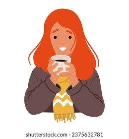 Young Woman, Wrapped In A Cozy Scarf, Sips Her Steaming Hot Drink. Wisps Of Steam Rise, Warming Her As She Enjoys The Comforting Embrace Of The Beverage On A Chilly Day. Cartoon Vector Illustration