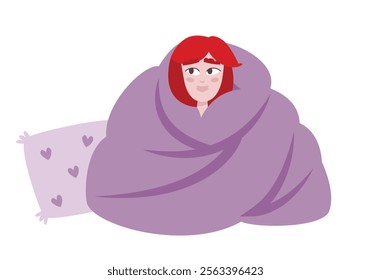 Young woman wrapped herself in blanket. Character in flat style.