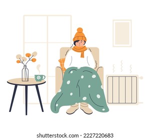 Young woman wrapped in plaid. Low room temperature. Person freezes from cold indoors. Girl  warming herself near heater. Character shivering from cold. Flat vector illustration on white background.