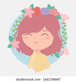 young woman wreath flowers foliage decoration cartoon vector illustration