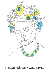Young woman with a wreath of flowers on her head. Ukrainian colors design. Minimalistic black and white image made in one-line art technique