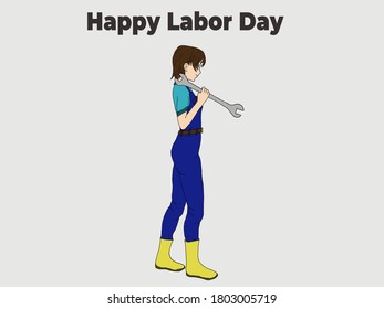 A young woman with a wrench in her hand, Happy Labor Day written above her