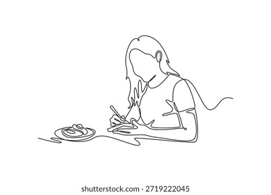 jovem escreva o plano de refeição. Planejamento Familiar de Refeições. Conceito de fase de vida familiar em crescimento. Design de desenho de linha única. Ilustração gráfica vetorial