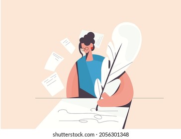 Young woman writer in glasses hold feather write create novel or poetry for readers. Female publicist handwrite with ink on paper. Literature, hobby, art concept. Flat vector illustration. 