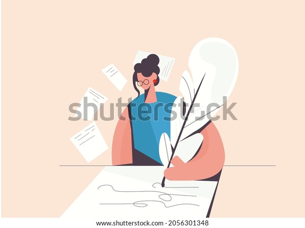 Young woman writer in glasses hold feather write create\
novel or poetry for readers. Female publicist handwrite with ink on\
paper. Literature, hobby, art concept. Flat vector illustration.\
