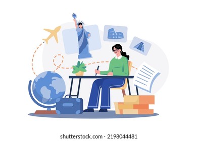 Young woman writes about attractive destinations in travel