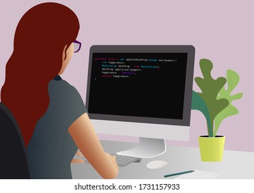 A young woman writes code on the computer. Programmer laptop screen with script. Female programmer working. Programming concept, web engineer at work. Web banner, infographics. Isometric vector illus