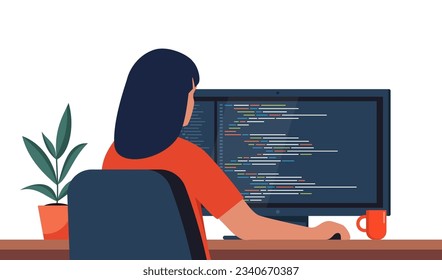 Mujer joven escribiendo código en una computadora de escritorio. Desarrollador de software en el trabajo. Java de script de codificación de programación, código de programa digital en pantalla de monitor. Ilustración del vector