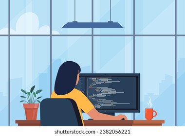 Young woman writing code on a desktop computer. Software developer at work. Workplace with modern interior, panoramic windows, cityscape behind. Vector illustration