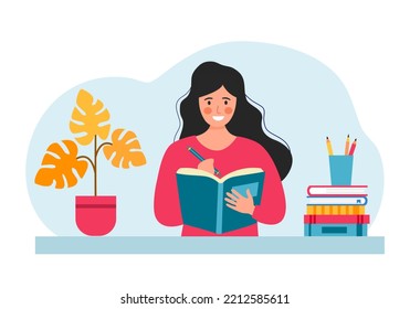 Young woman writing diary or journal on notebook in flat design. Writer concept vector illustration. Teenage student doing homework.