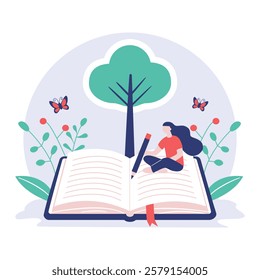 Young woman writing in a giant book under a tree with butterflies, Creative Writing and Imagination Concept with Open Book and Nature Elements